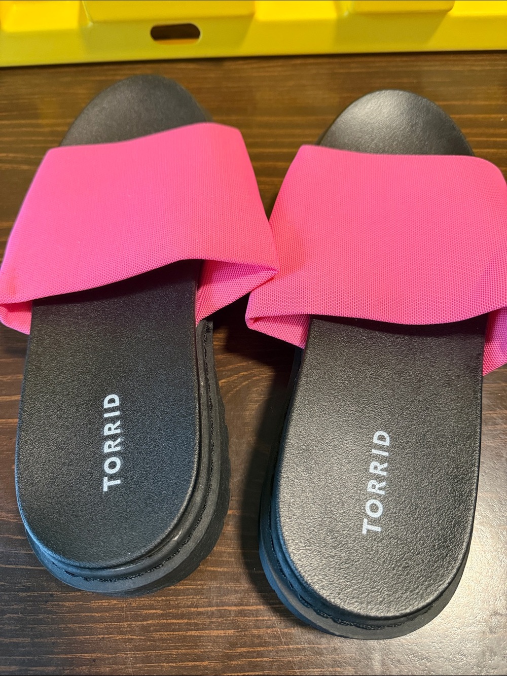 torrid Bright Pink Slide Sandals with Black Footbed